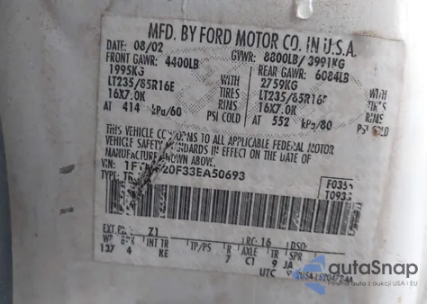 2003 Ford F-250 Xl/Xlt z USA, uszkodzony, nr VIN 1FTNF20F33EA50693